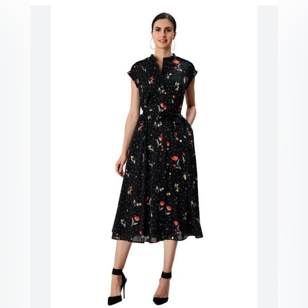 Wayward Fancies eShakti Floral Print Cotton Voile Ruffle Trim Shirtdress 1X
